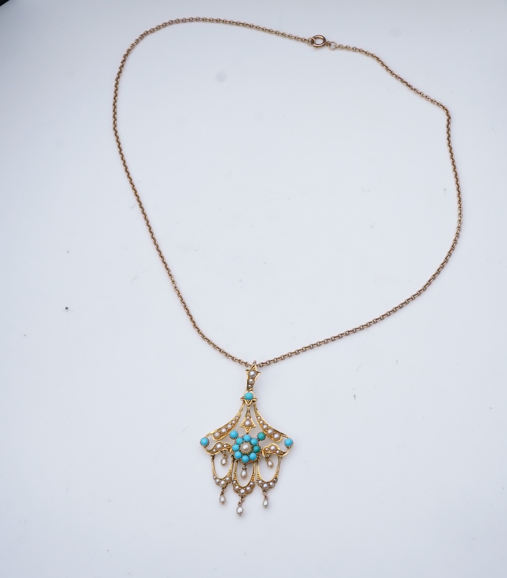 An Edwardian turquoise and seed pearl pendant, early 20th century